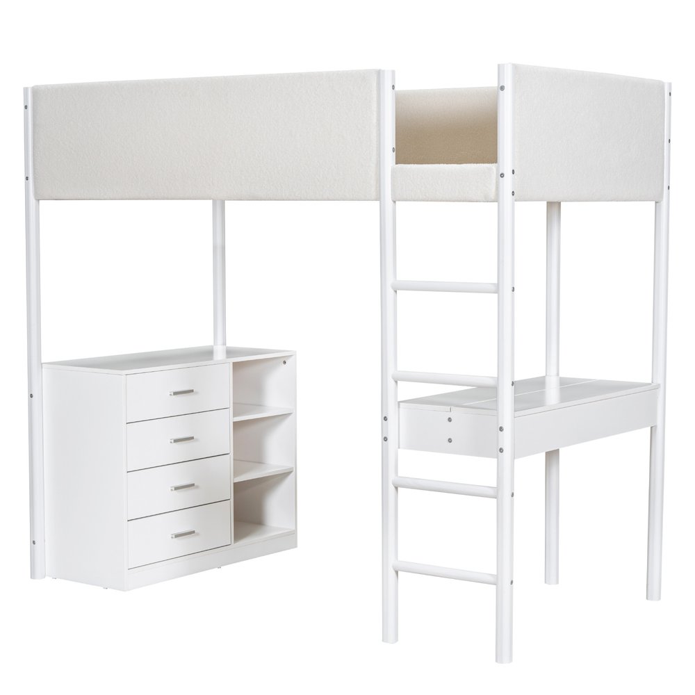 White Platform Wood Twin Loft Bed with Desk