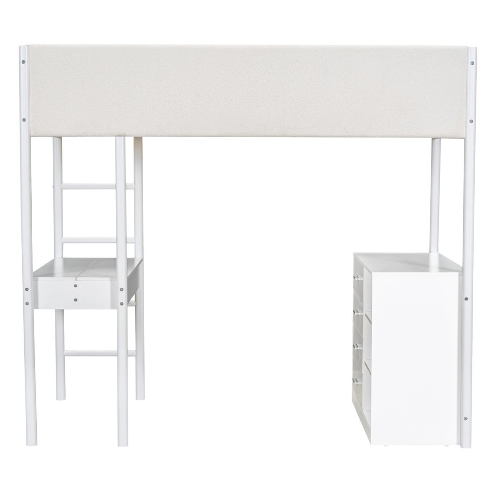 White Platform Wood Twin Loft Bed with Desk