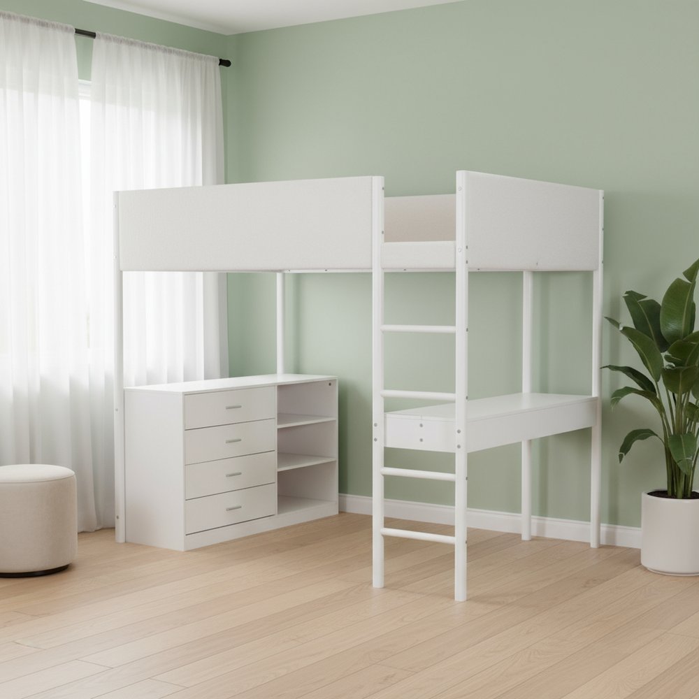 White Platform Wood Full Double Loft Bed with Desk