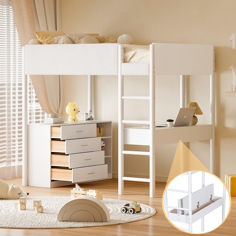 White Platform Wood Full Double Loft Bed with Desk