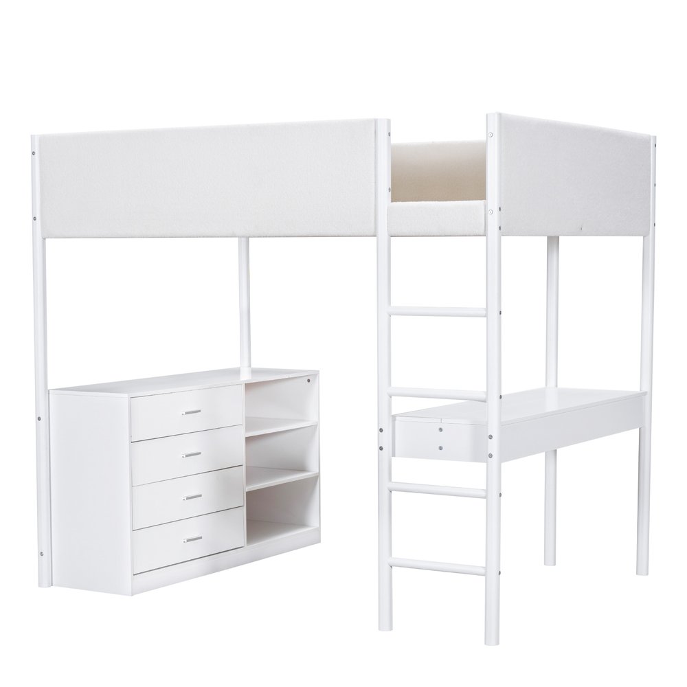 White Platform Wood Full Double Loft Bed with Desk