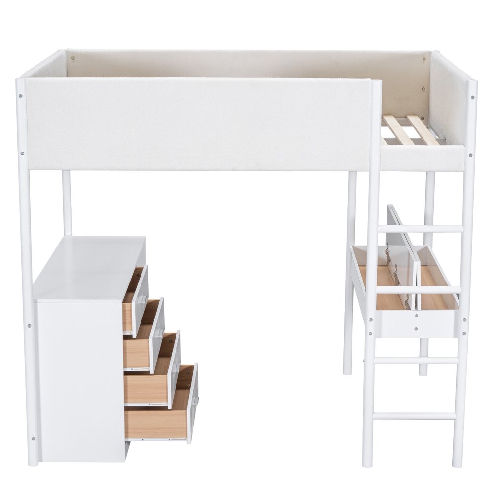 White Platform Wood Full Double Loft Bed with Desk