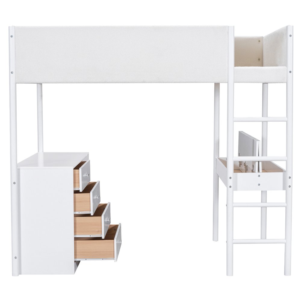 White Platform Wood Full Double Loft Bed with Desk