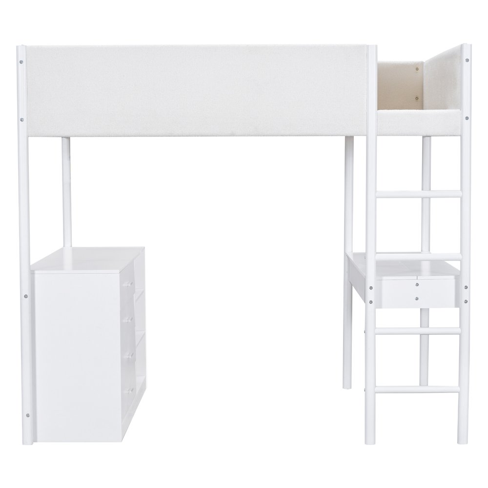 White Platform Wood Full Double Loft Bed with Desk