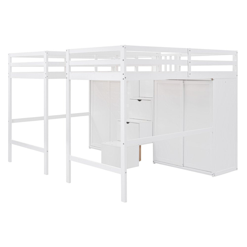 White Platform Wood Full Double Loft Bed