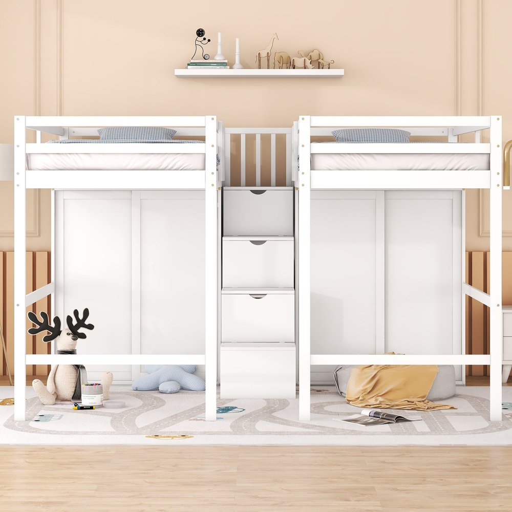 White Platform Wood Full Double Loft Bed