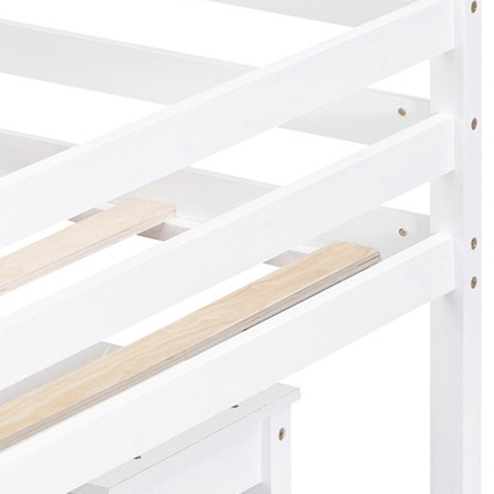 White Platform Wood Twin Loft Bed with Desk and Shelves