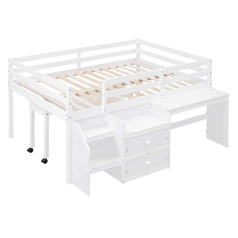 White Platform Wood Full Double Loft Bed with Desk and Shelves