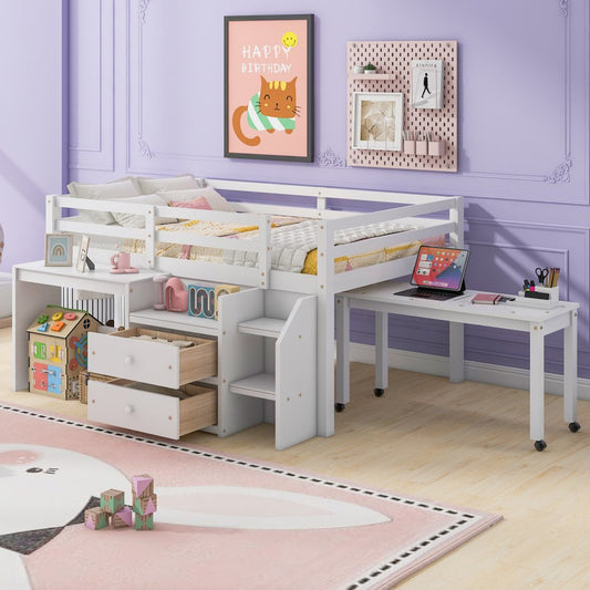 White Platform Wood Full Double Loft Bed with Desk and Shelves