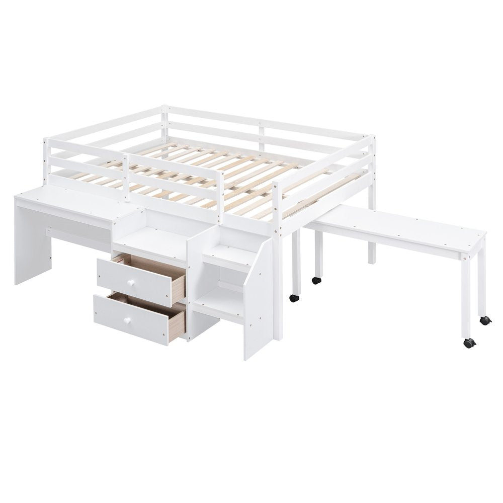 White Platform Wood Full Double Loft Bed with Desk and Shelves