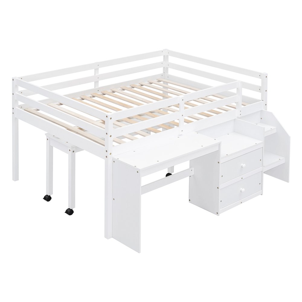 White Platform Wood Full Double Loft Bed with Desk and Shelves