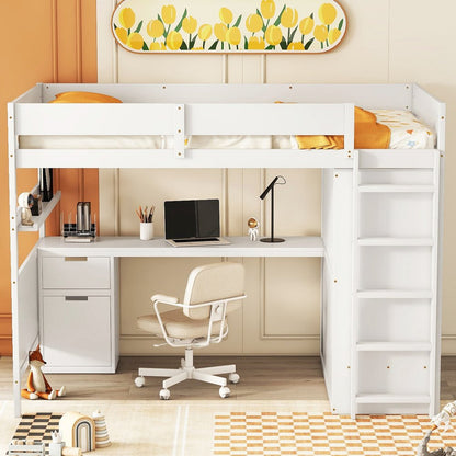 White Platform Wood Full Double Loft Bed with Desk and Shelves