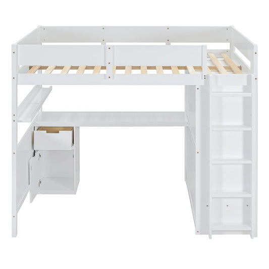 White Platform Wood Full Double Loft Bed with Desk and Shelves