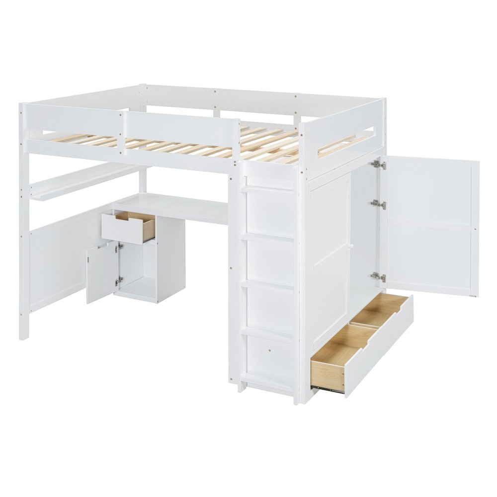 White Platform Wood Full Double Loft Bed with Desk and Shelves