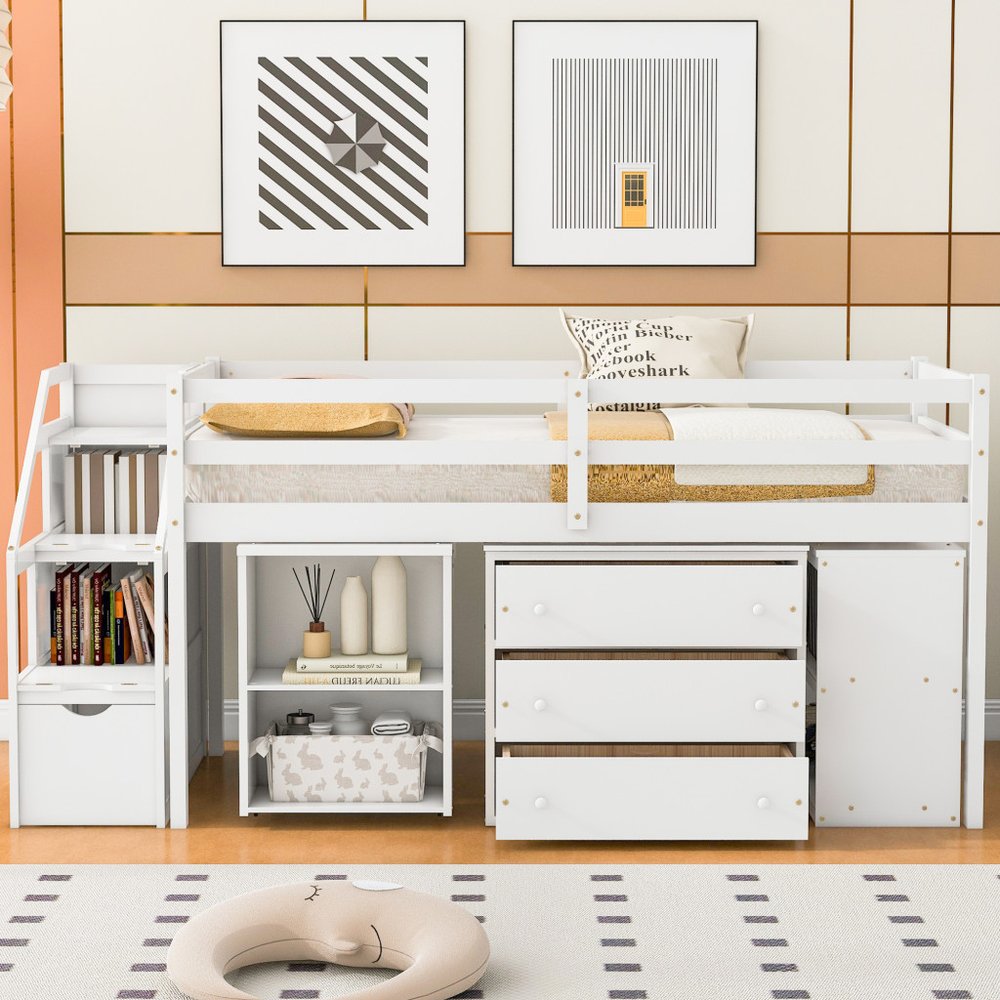 White Platform Wood Twin Loft Bed with Desk and Shelves