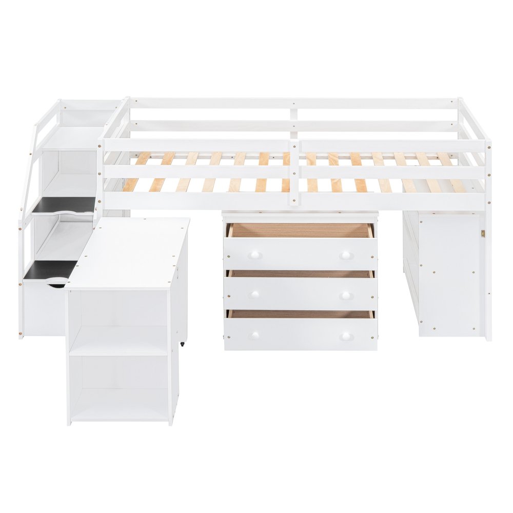 White Platform Wood Twin Loft Bed with Desk and Shelves