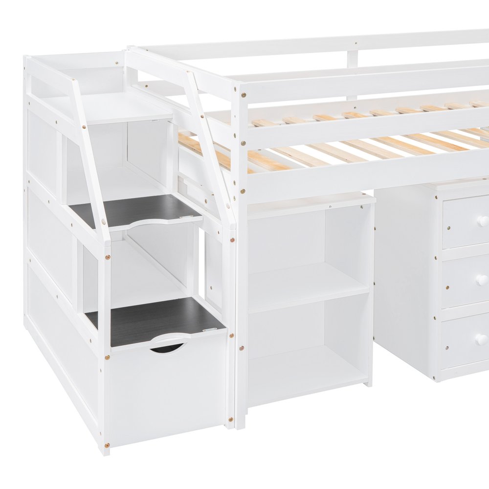 White Platform Wood Twin Loft Bed with Desk and Shelves