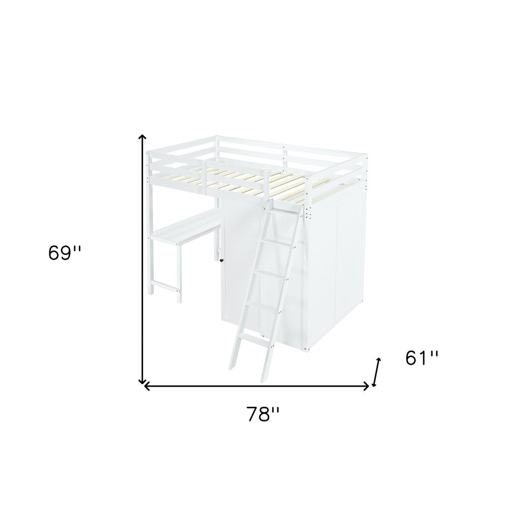 White Platform Wood Twin Loft Bed with Desk and Shelves