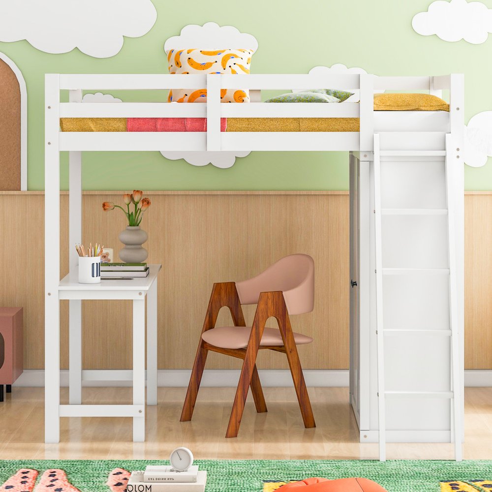 White Platform Wood Twin Loft Bed with Desk and Shelves