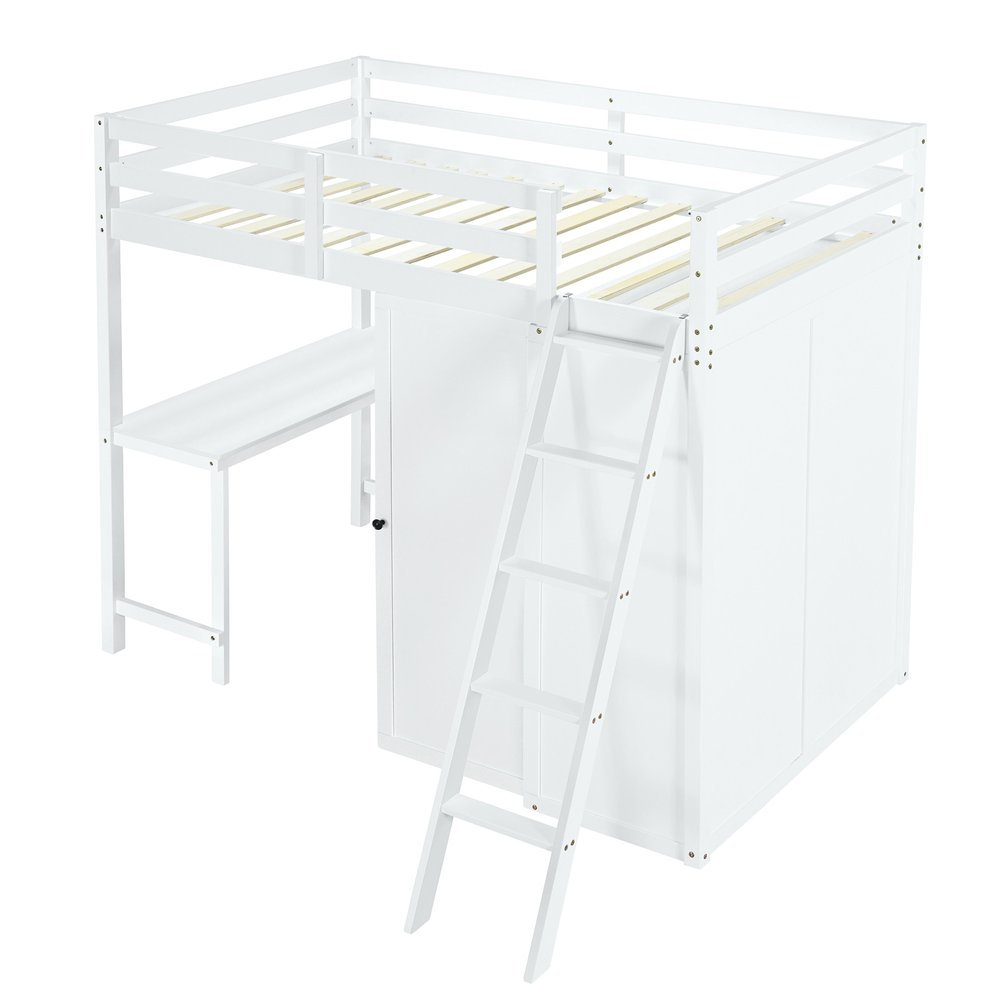 White Platform Wood Twin Loft Bed with Desk and Shelves