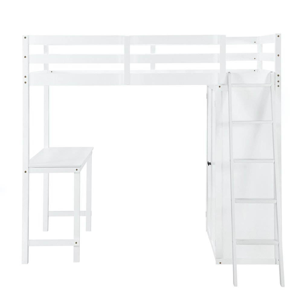 White Platform Wood Twin Loft Bed with Desk and Shelves
