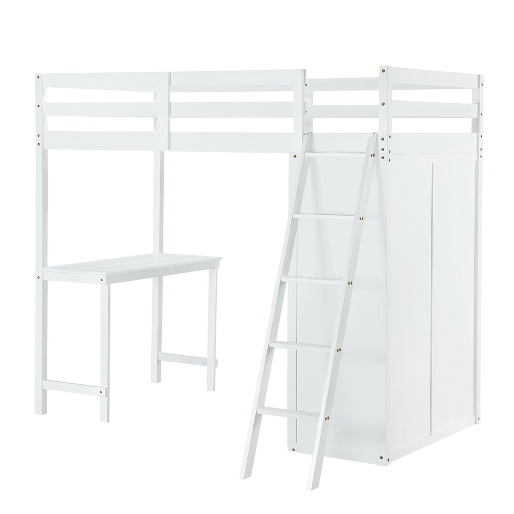 White Platform Wood Twin Loft Bed with Desk and Shelves