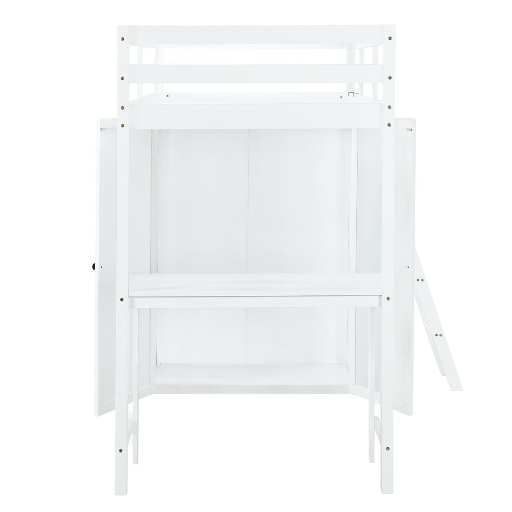 White Platform Wood Twin Loft Bed with Desk and Shelves