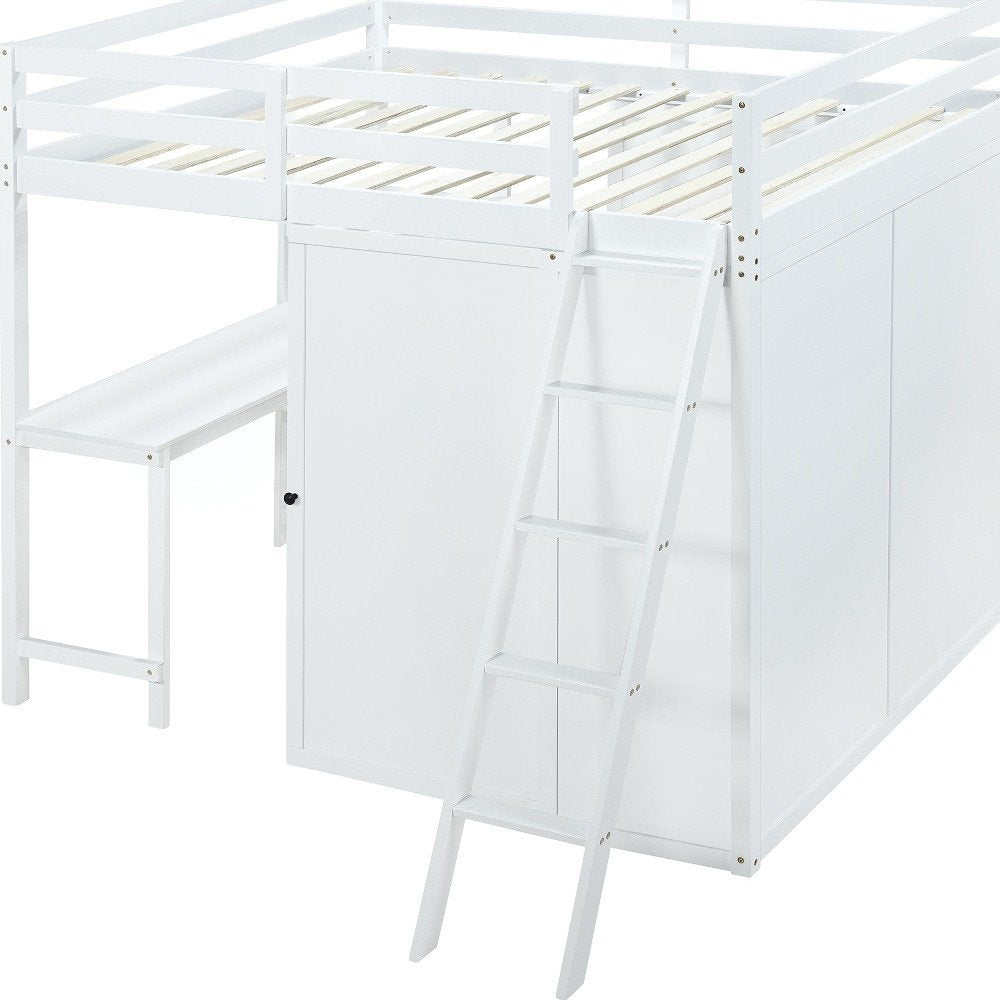 White Platform Wood Full Double Loft Bed with Desk and Shelves