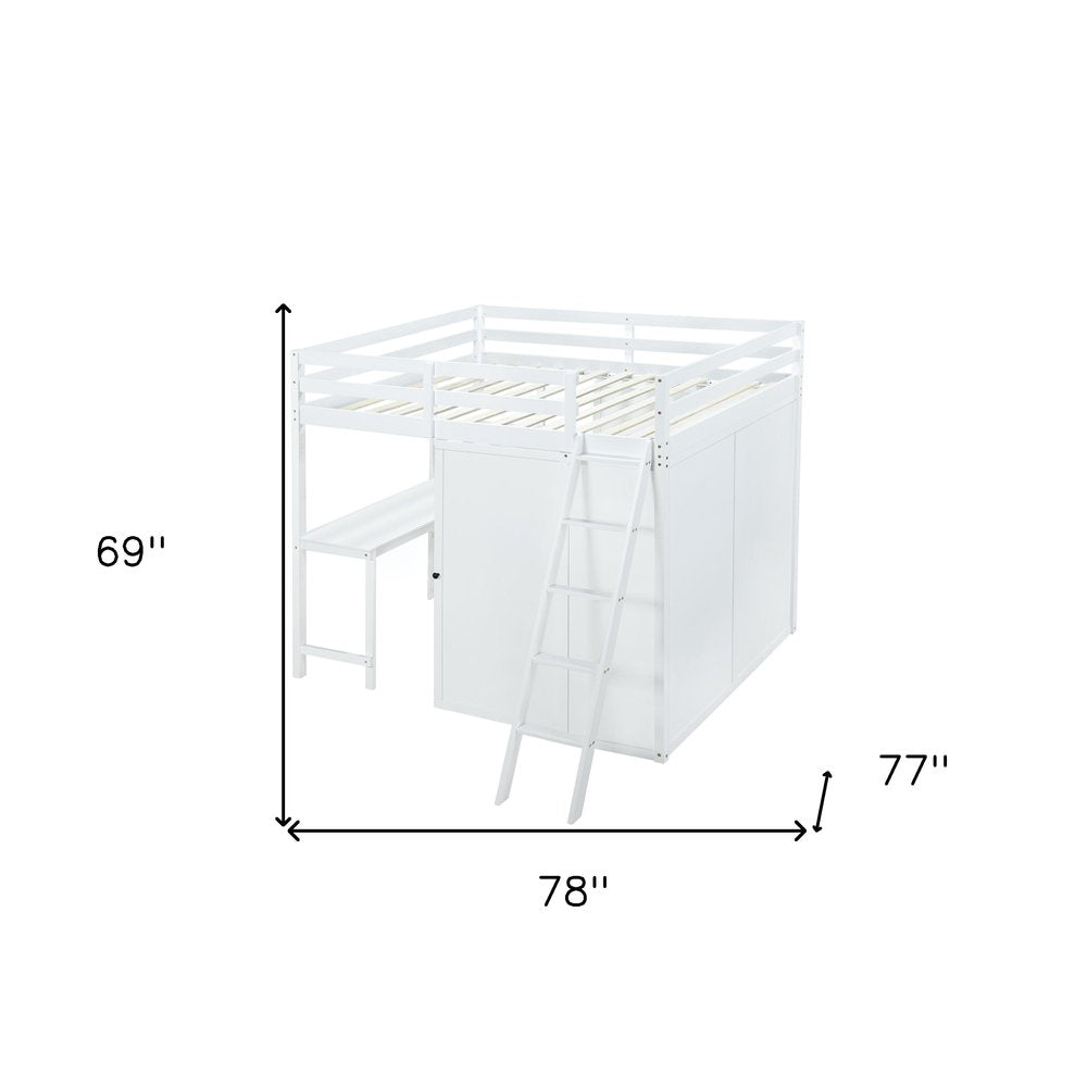 White Platform Wood Full Double Loft Bed with Desk and Shelves