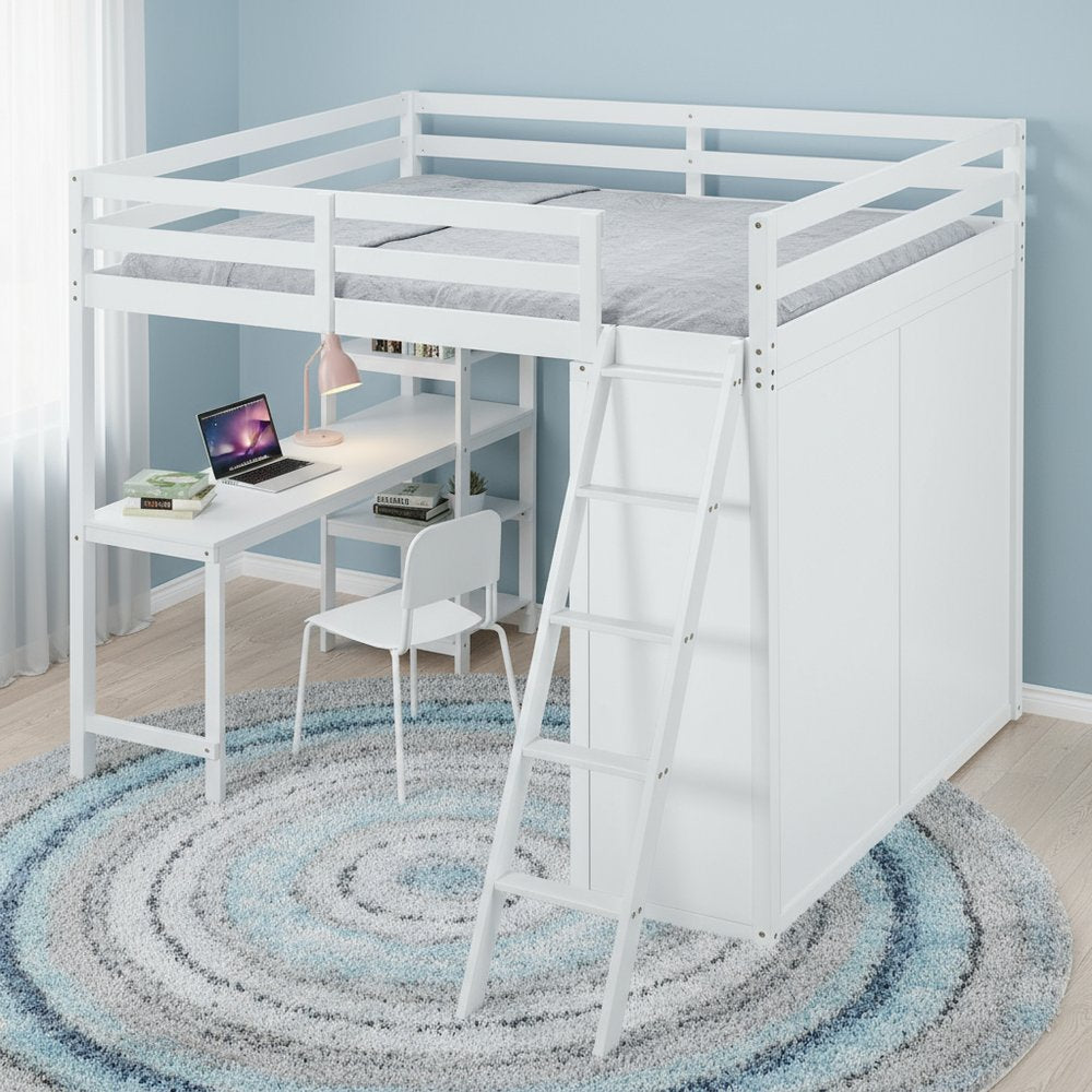 White Platform Wood Full Double Loft Bed with Desk and Shelves