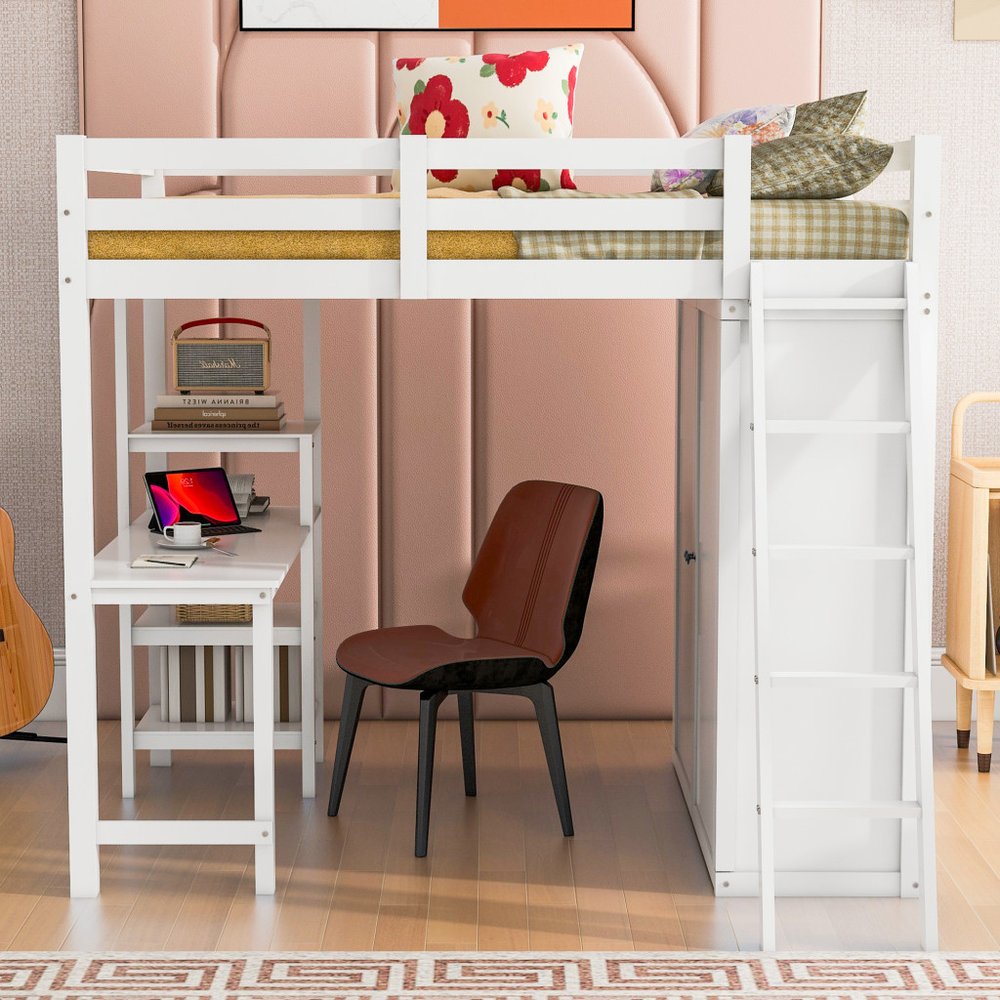 White Platform Wood Full Double Loft Bed with Desk and Shelves