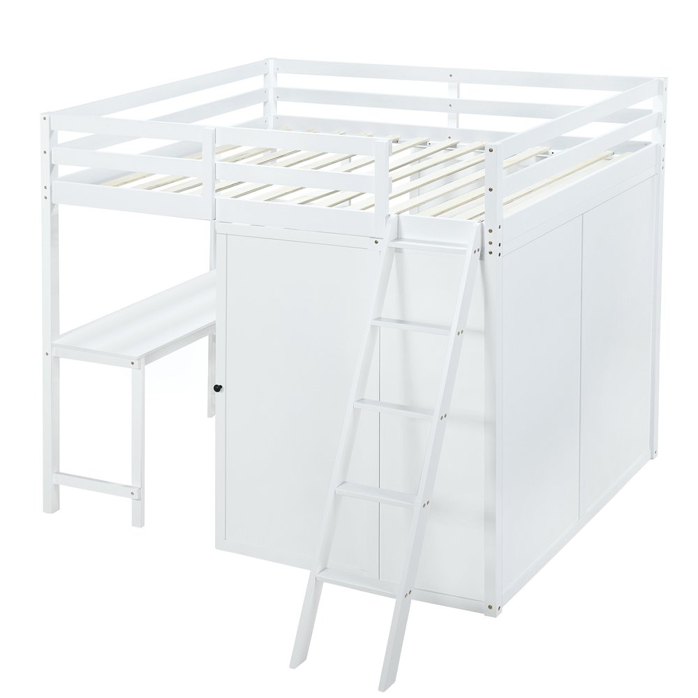 White Platform Wood Full Double Loft Bed with Desk and Shelves