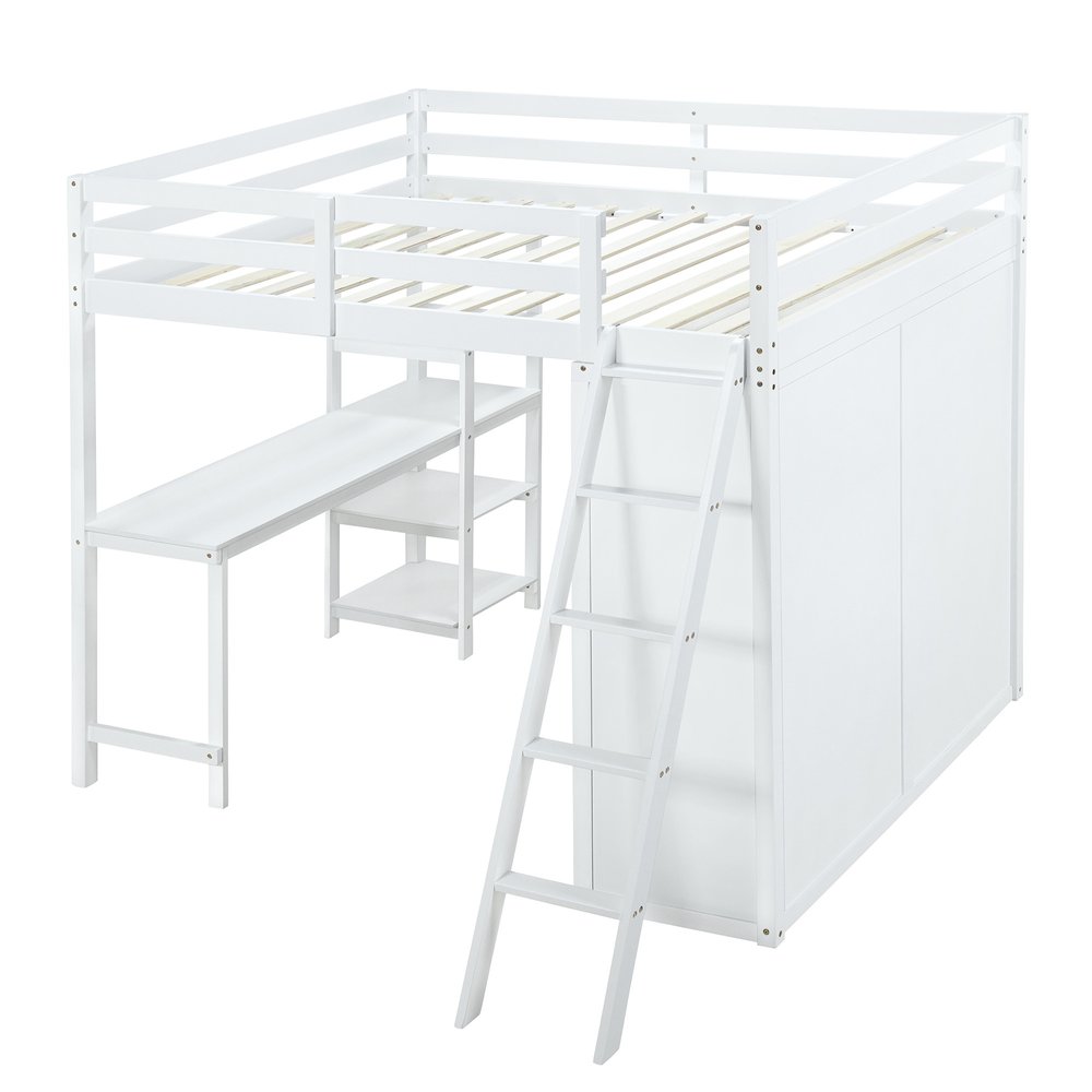 White Platform Wood Full Double Loft Bed with Desk and Shelves