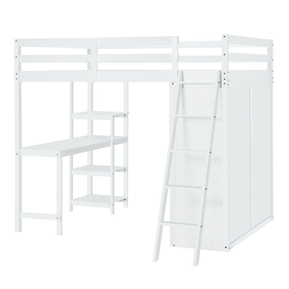 White Platform Wood Full Double Loft Bed with Desk and Shelves