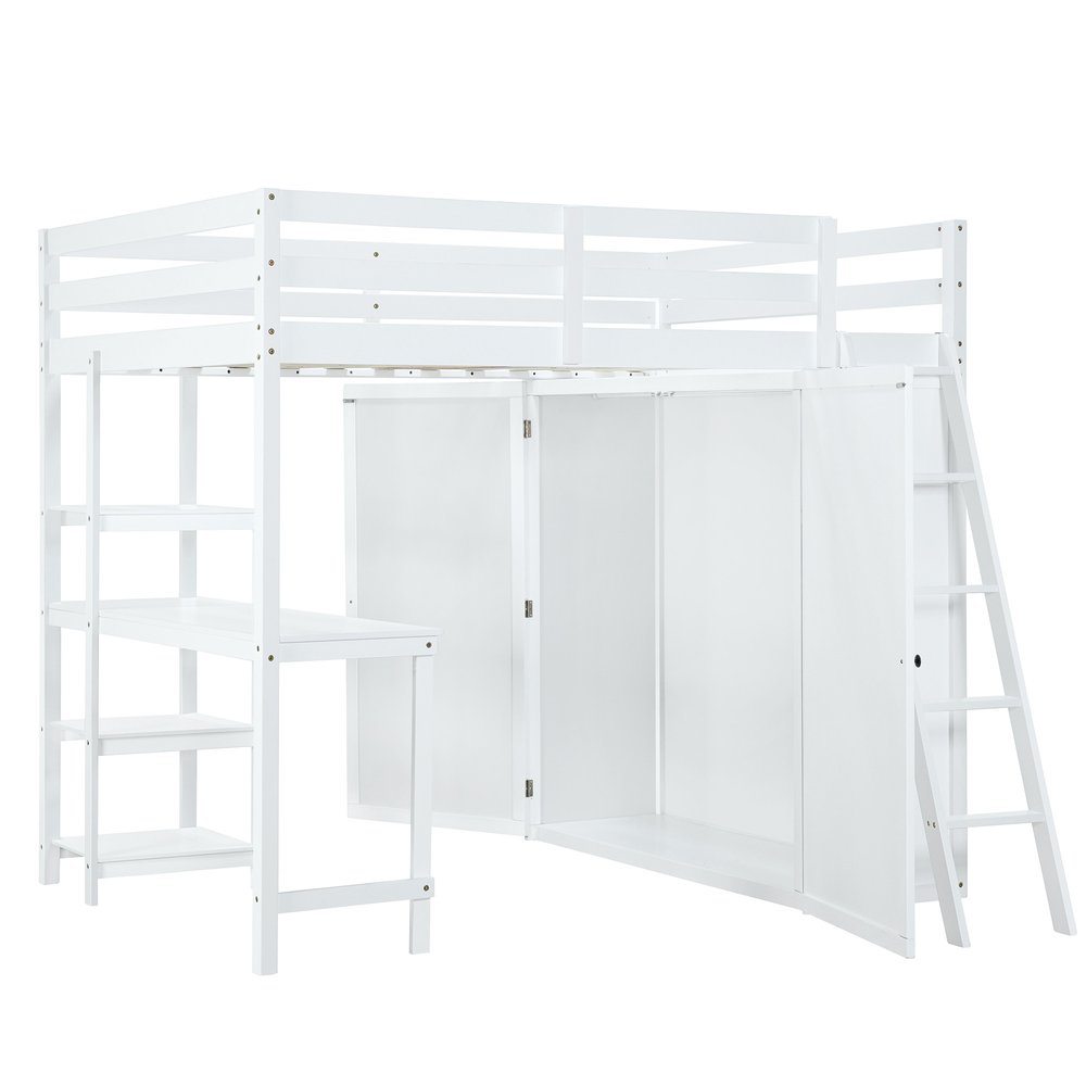 White Platform Wood Full Double Loft Bed with Desk and Shelves