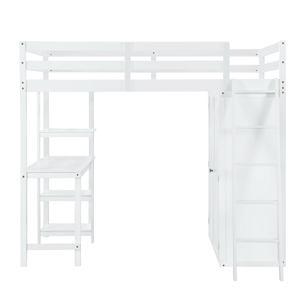 White Platform Wood Full Double Loft Bed with Desk and Shelves