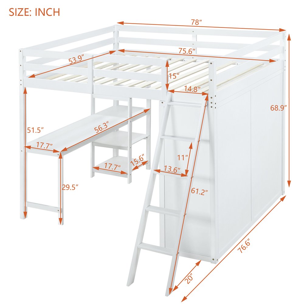White Platform Wood Full Double Loft Bed with Desk and Shelves