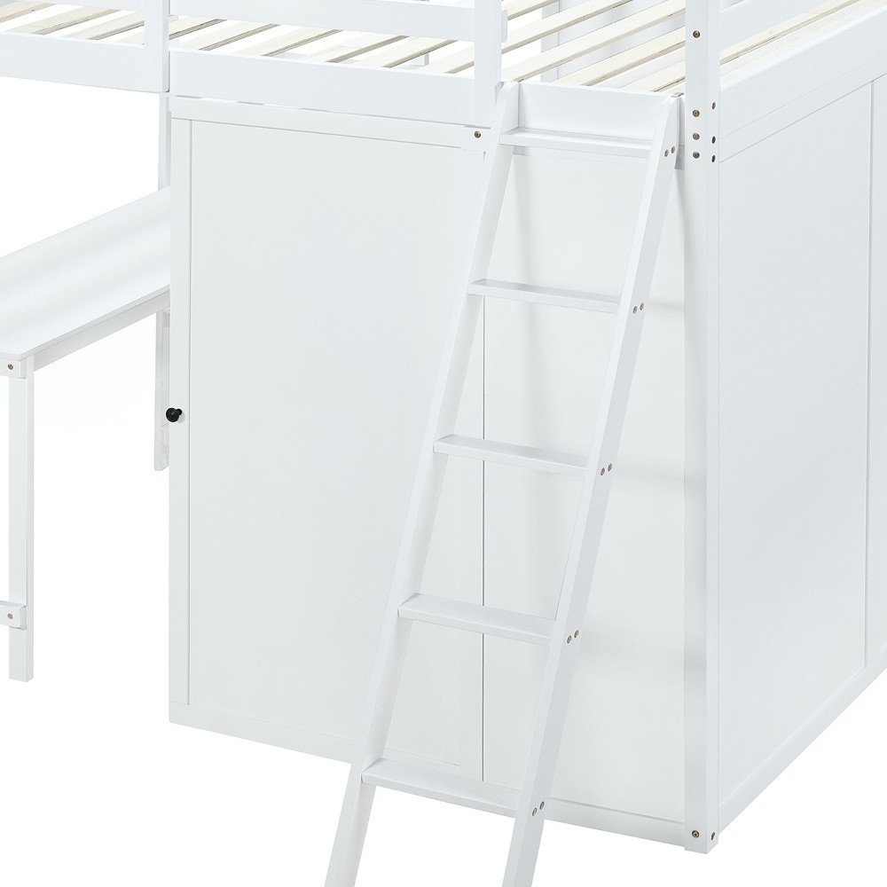 White Platform Wood Full Double Loft Bed with Desk and Shelves