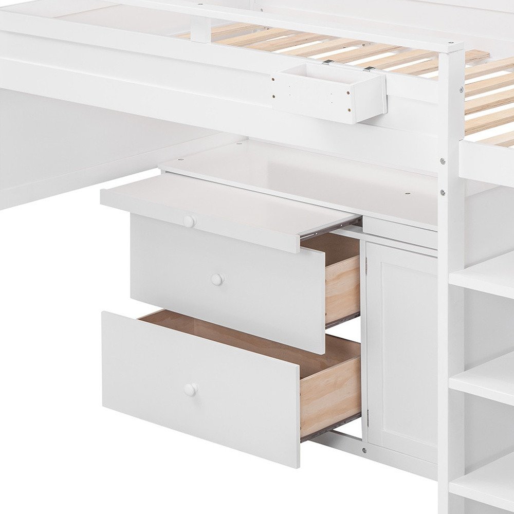 White Platform Wood Full Double Loft Bed with Desk and Shelves