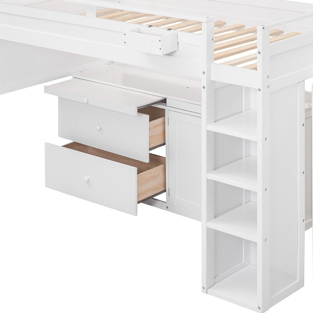 White Platform Wood Full Double Loft Bed with Desk and Shelves