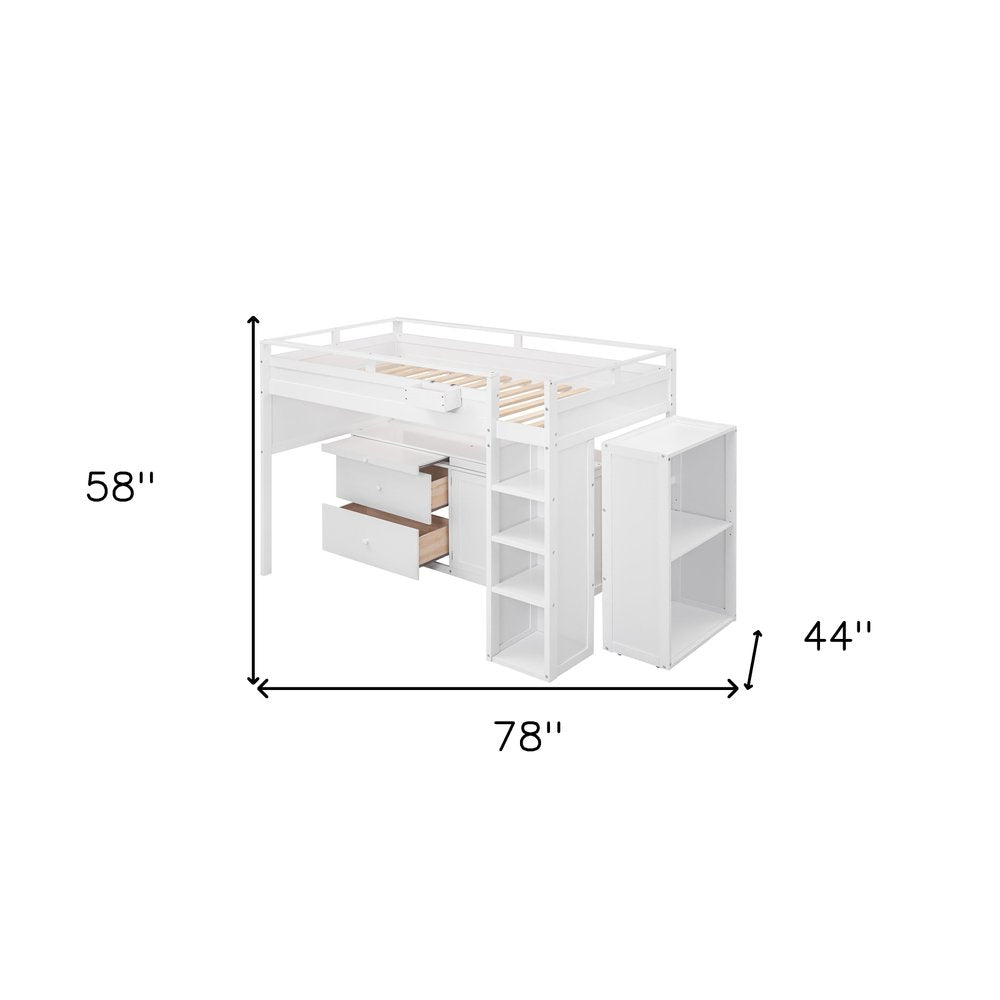 White Platform Wood Full Double Loft Bed with Desk and Shelves