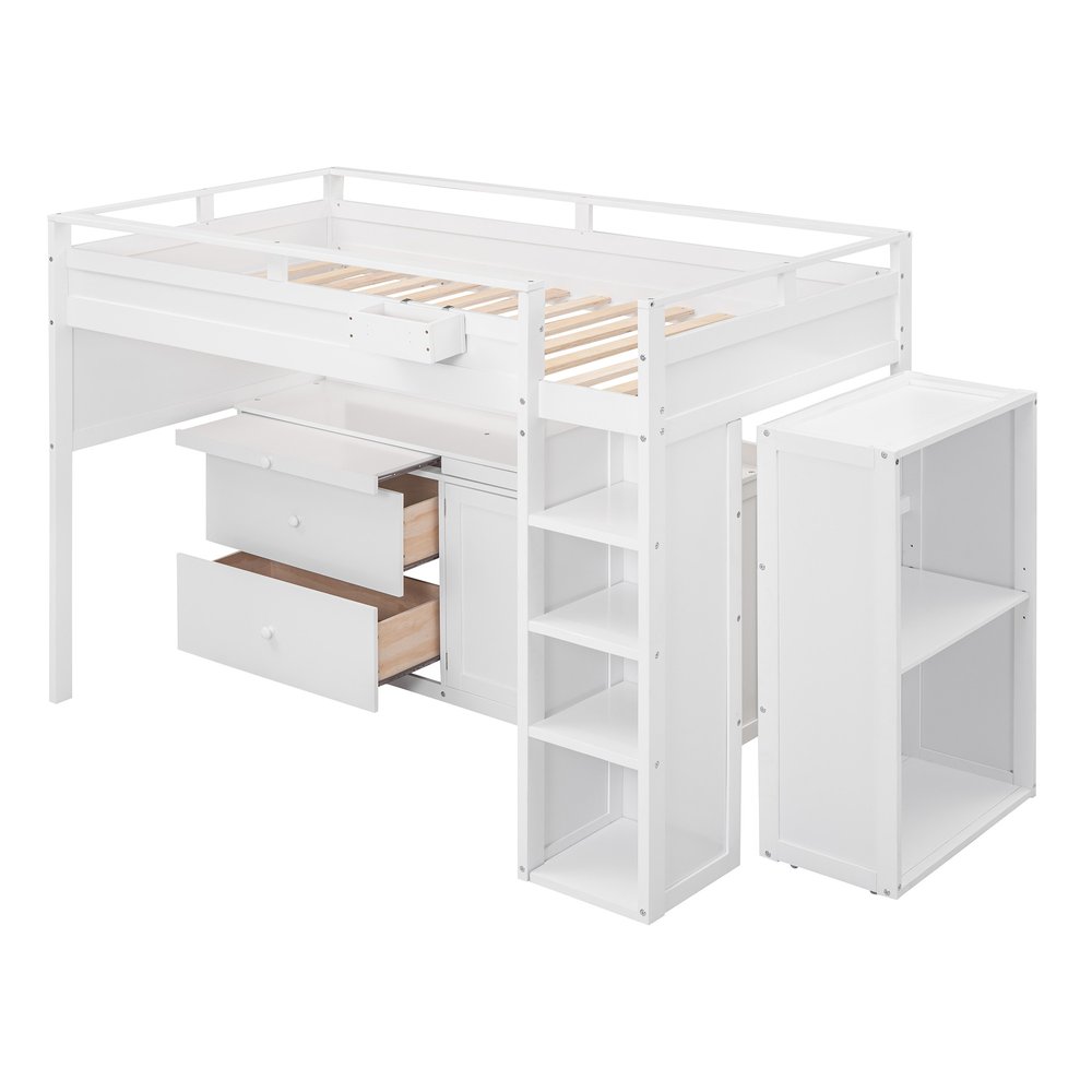 White Platform Wood Full Double Loft Bed with Desk and Shelves