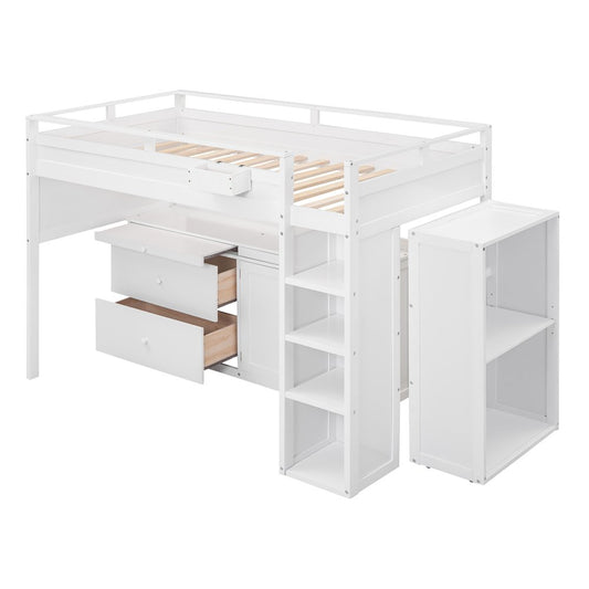 White Platform Wood Full Double Loft Bed with Desk and Shelves