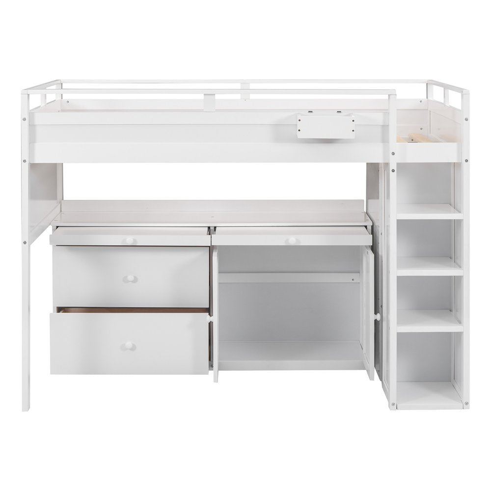 White Platform Wood Full Double Loft Bed with Desk and Shelves