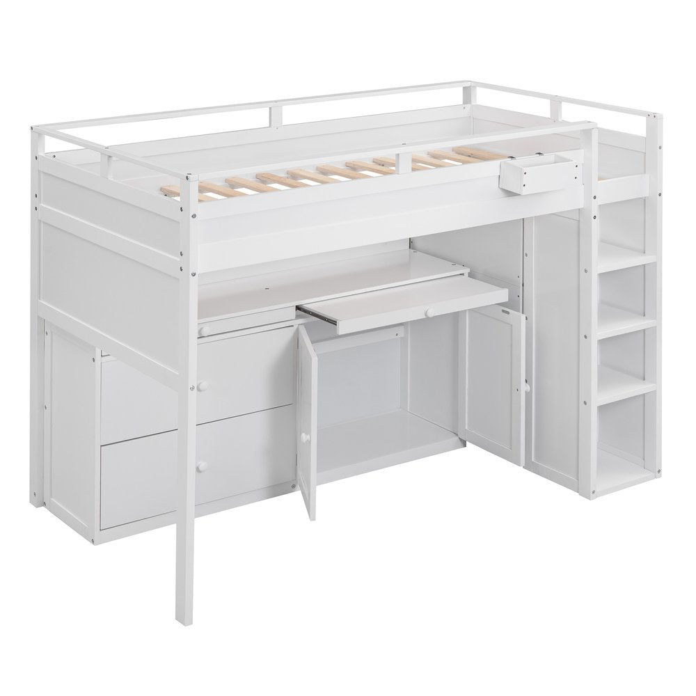 White Platform Wood Full Double Loft Bed with Desk and Shelves