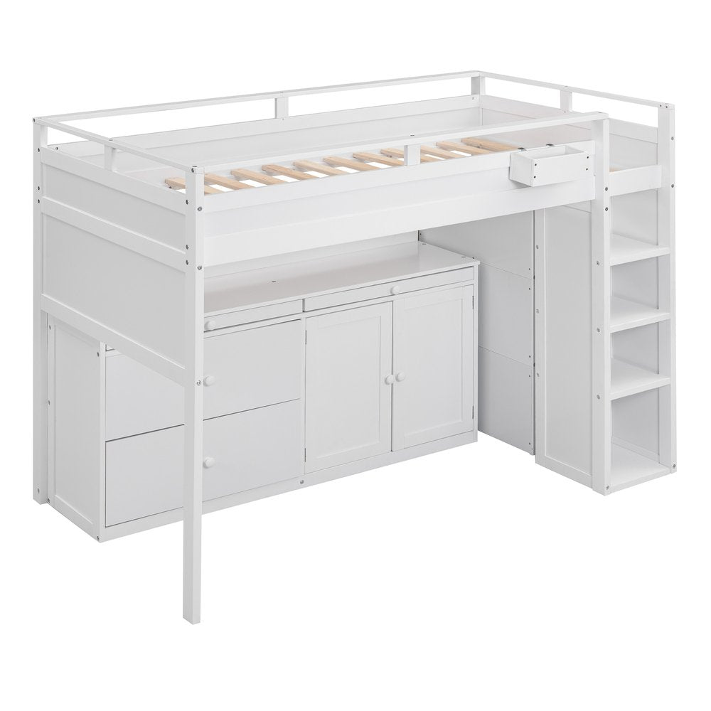 White Platform Wood Full Double Loft Bed with Desk and Shelves