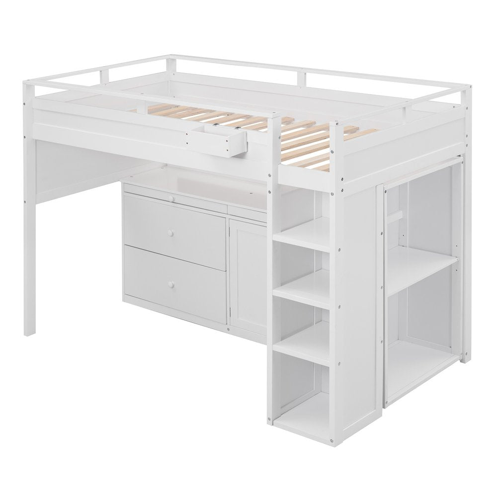 White Platform Wood Full Double Loft Bed with Desk and Shelves
