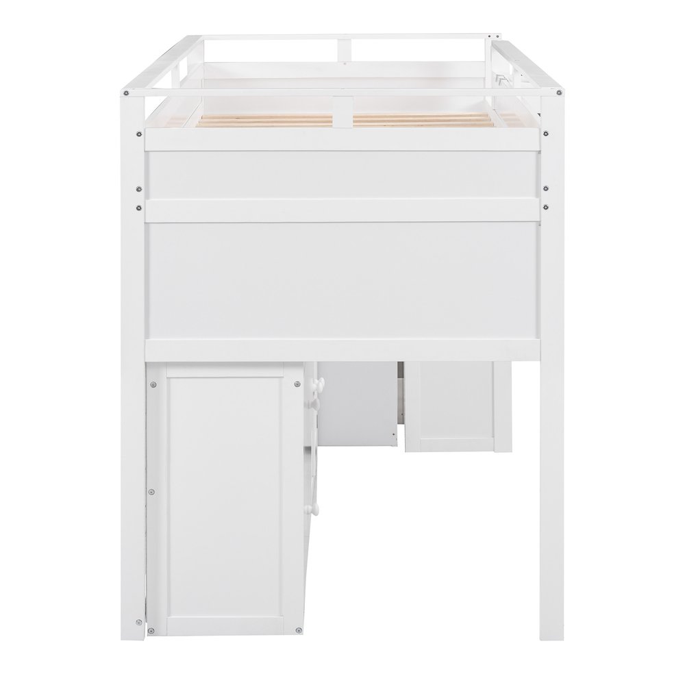 White Platform Wood Full Double Loft Bed with Desk and Shelves