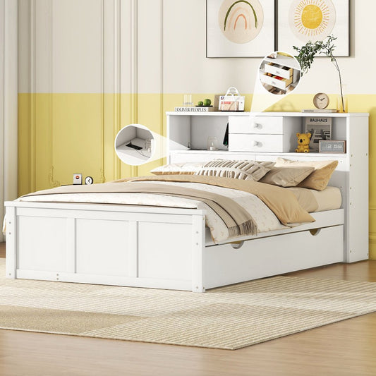 White Wood Full Bed Frame With Trundle And Drawers