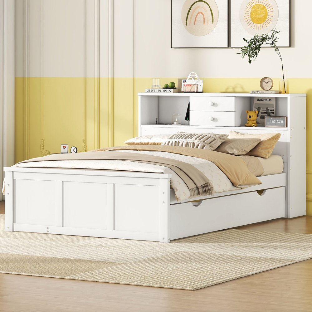 White Wood Full Bed Frame With Trundle And Drawers